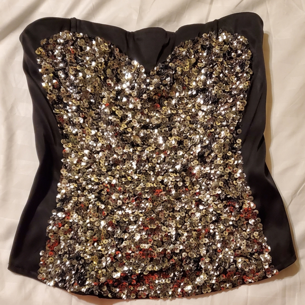 Bebe Black Satin & Silver Sequin Bustier